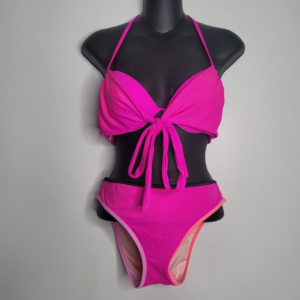 Victorias Secret Wrap Tie Front Hot Pink Bikini Top 34C Bottom Large